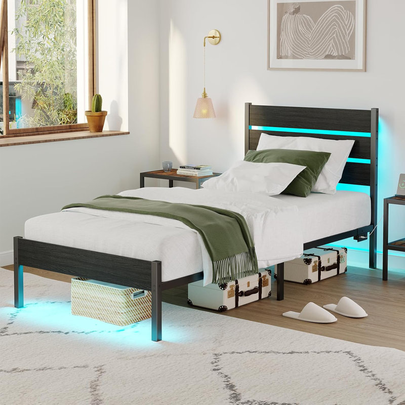 Bed Frame with Charging Station, LED Light Metal Bed Frame with Wooden Headboard, No Box Spring Required, No Noise, Easy Assembly