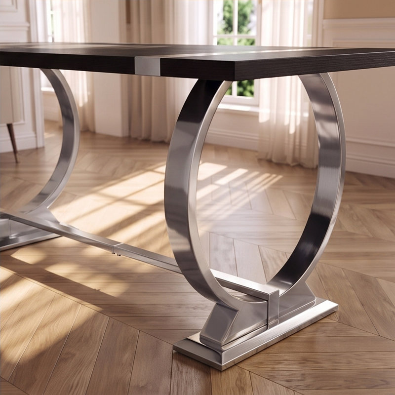 Table de salle à manger 60 "Glam - Plateau en bois d'ingénierie noir avec pieds en acier en forme de O et base en tréteaux
