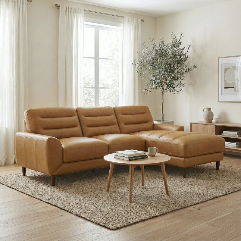 Canapé d'angle Clarion en cuir véritable beige avec méridienne à droite, Cuir brun clair