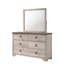Commode 6 tiroirs de style chalet avec finition en bois flotté, plateau vieilli et poignées à anneau traditionnelles