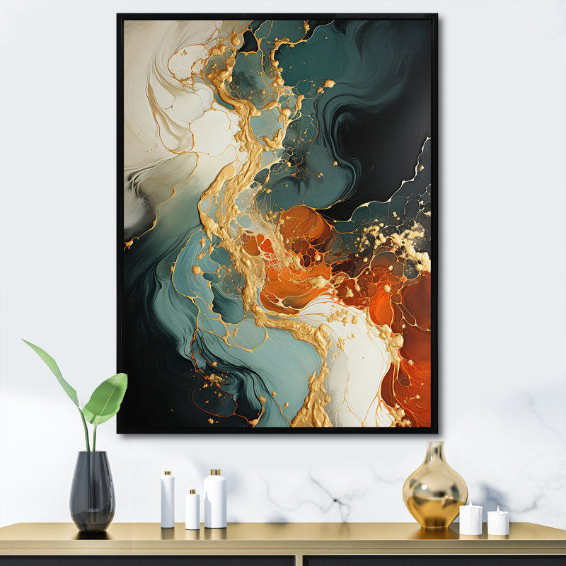 Tempête de pierre orange IV - art mural abstrait, Cadre flottant noir, H 32 po x l 24 po x P 1 po
