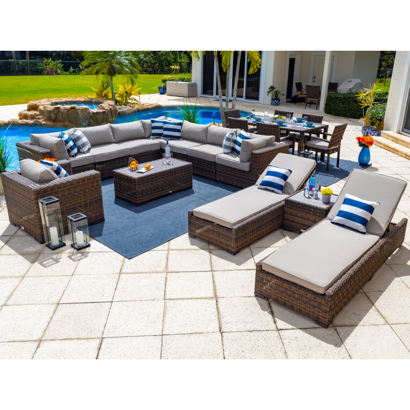 Yussuf Wicker 15 - Person Modular Patio Conversation Set with Cushions, Polyester Light Gray, Gray