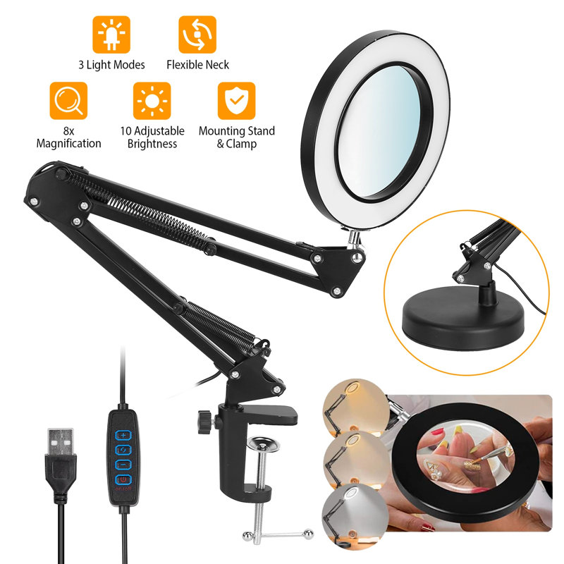 Lampe de bureau 2 en 1 avec loupe à DEL et loupe 8x avec bras pivotant et lampe de lecture USB avec support à pince 10 modes de luminosité 3 modes