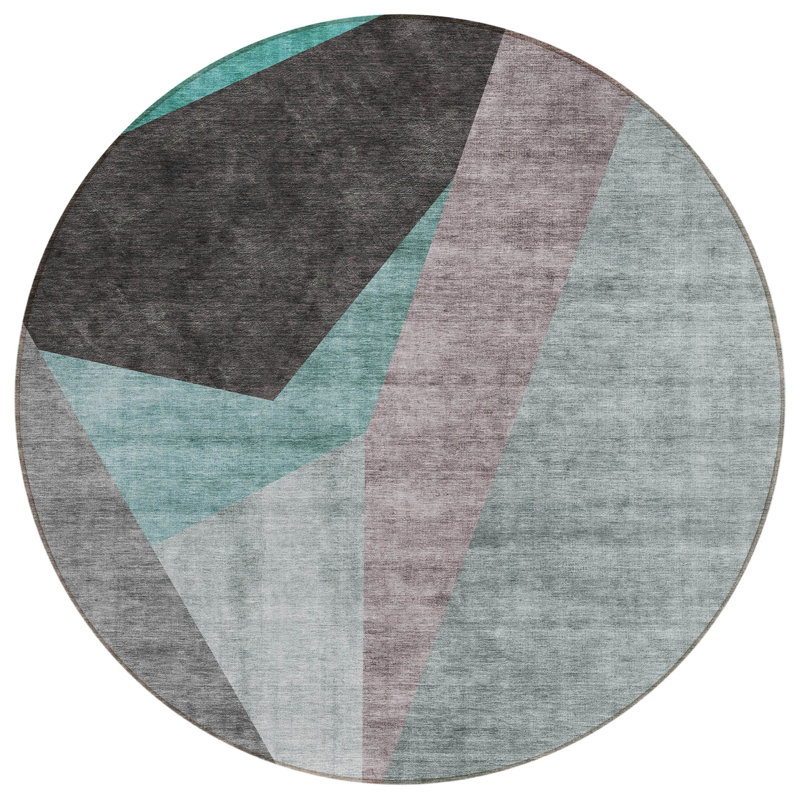 Tapis extérieur rond lavable abstrait bleu sarcelle et gris anthracite 8 pi 8 pi