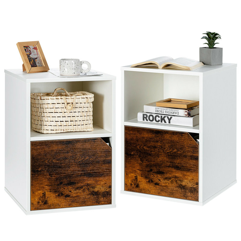 Table de chevet en bois Casin avec armoire, ensemble de 2, brun, Blanc