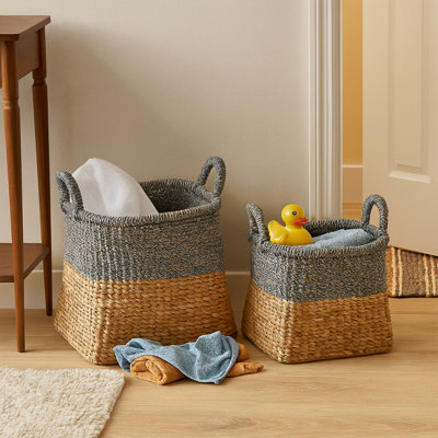 Two-Tone Woven Basket Decorative Household Storage - Multipurpose Decorative Baskets With Handles For Organizing Home Items  - Set Of 2, 18.5", Tan