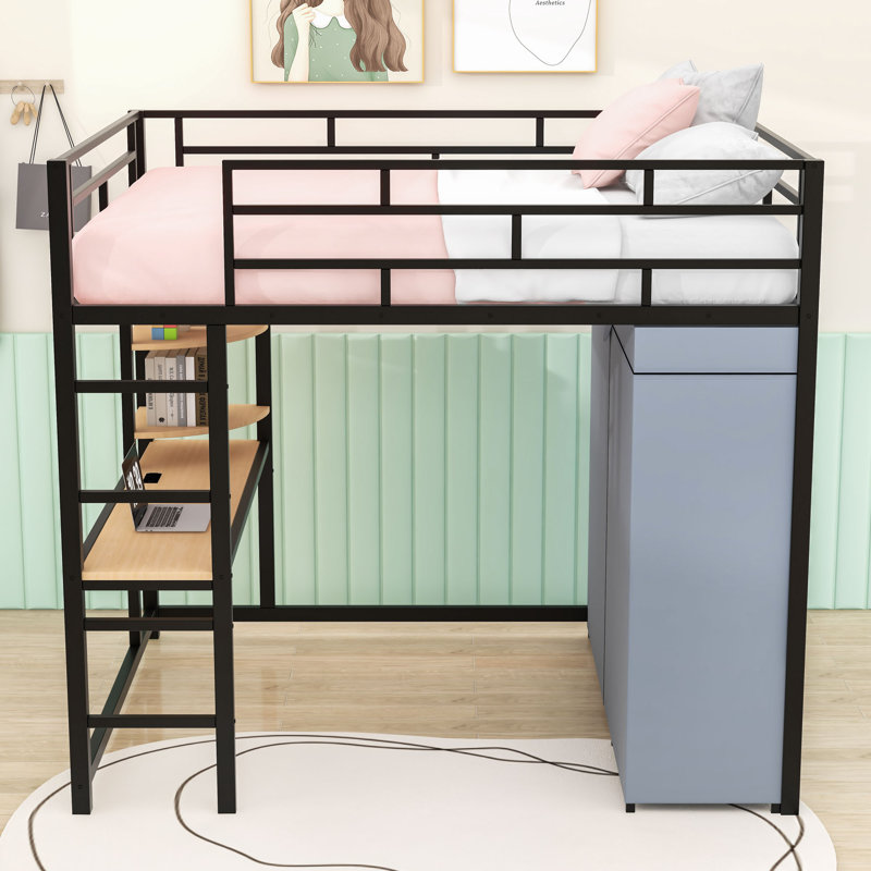 Lit mezzanine en métal avec bureau intégré, lumière DEL et tablettes, Double, Black