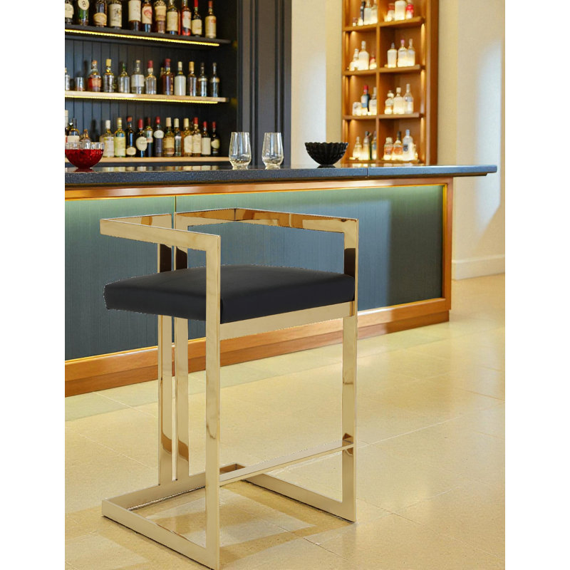 Tabouret de comptoir avec repose-pieds Kenzie, Similicuir noir, Doré, Tabouret de comptoir (siège d'une hauteur de 25,5