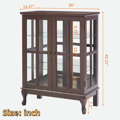 Vitrine avec portes en verre quadrillé, bande lumineuse RVB en couleur et tablettes en verre réglables en hauteur