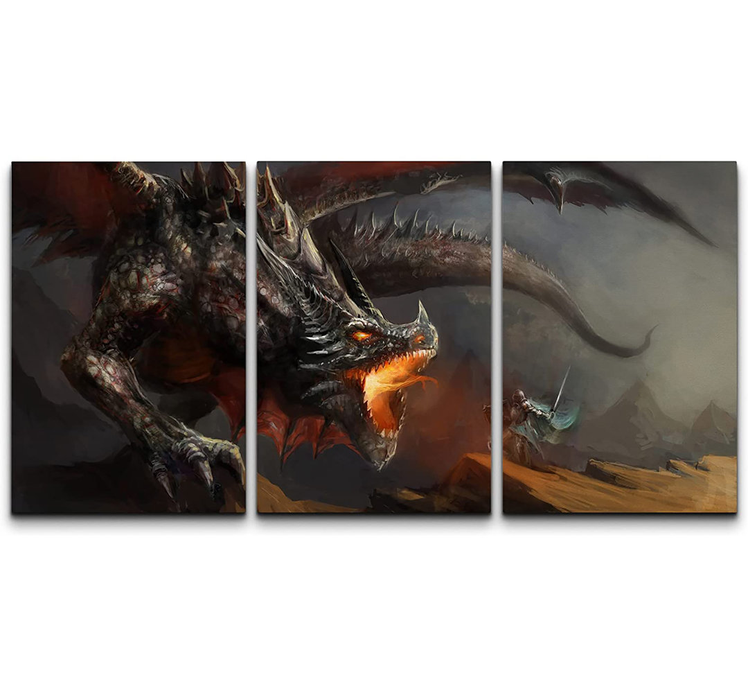 Fantasy Scene Knight Fighting Dragon - 3 Piece Wrapped Canvas Graphic Art Print Set IDEA4WALL 