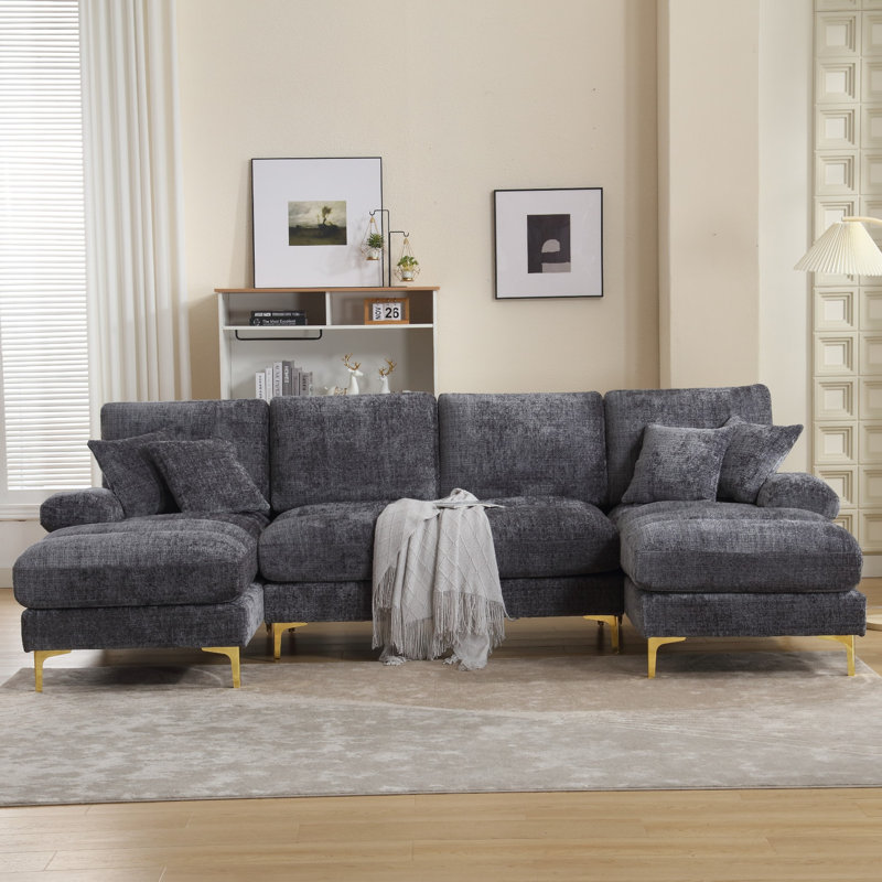 4 Seater Chenille Sectional, Gray Chenille