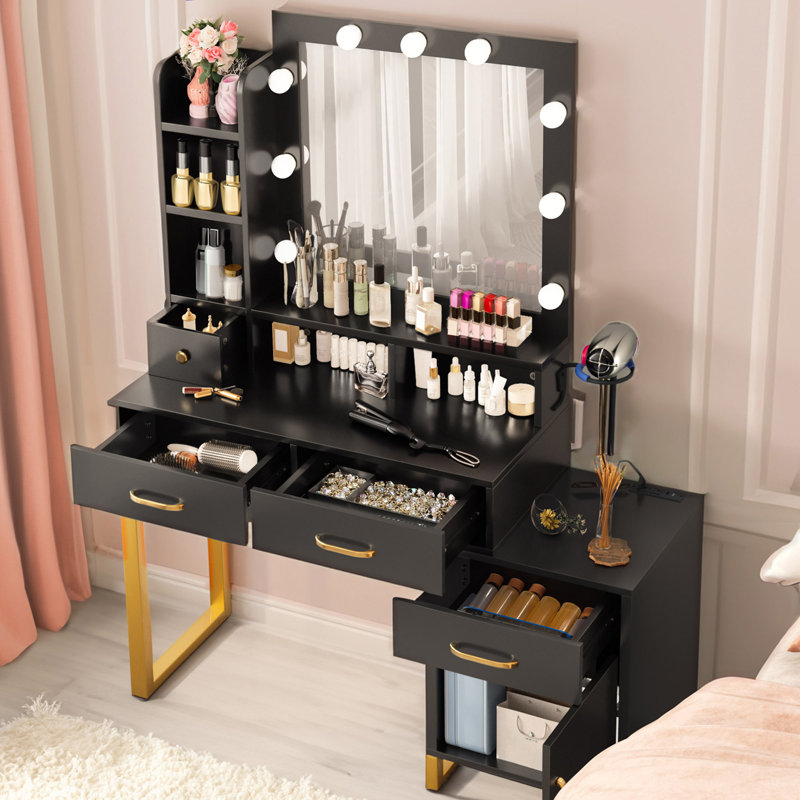 Tabouret de coiffeuse avec ampoule, miroir rectangulaire et prises USB, Noir