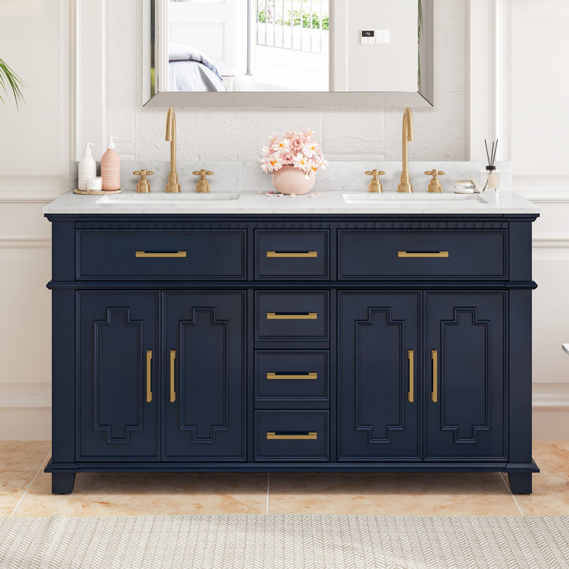Scarlett 60'' Double Bathroom Vanity with Engineered Stone Top, Navy/Brushed Gold 