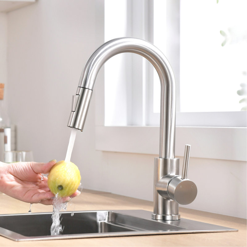 360 Swivel Kitchen And Bathroom Faucet, Brushed Nickel Pull Down Spray, Single Handle Design Modern Faucet With , Sink Ceramic Filler Classic