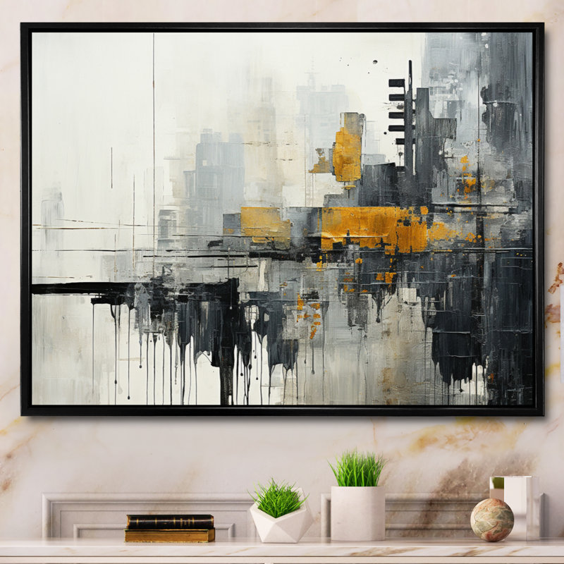 Paysage urbain abstrait III - Collages abstraits, art mural, H 24 po x l 32 po x P 1 po, Cadre flottant noir