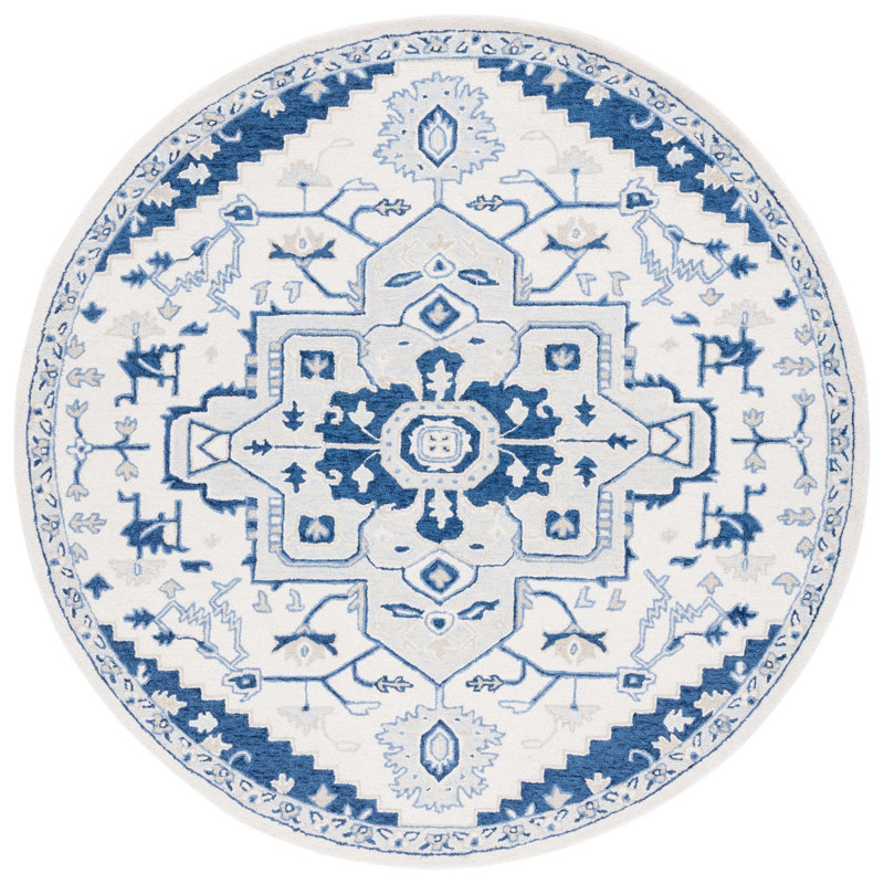 Lauren Ralph Lauren Hand Tufted Wool/Cotton Oriental Rug in Ivory/Navy, Round 7'