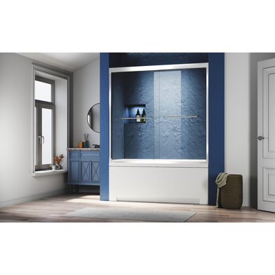 56 - 60 In. W X 62 H Sliding Glass Tub Door, Semi Double Design, Thick Clear Tempered Glass, 304 Stainless Steel Handles, Upgrade Thickened Top Track, Solid Rust And Stain , Built In Rollers For