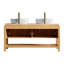 Meuble-lavabo 60 po, lavabo autoportant en contreplaqué avec 4 portes en bambou texturé et tablette ouverte, 2 lavabos en céramique à motif marbré et plateau en pierre frittée blanc de Carrare, couleur grain de bois