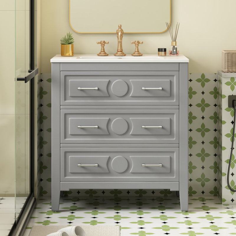 Meuble-lavabo avec lavabo, meuble-lavabo simple autoportant avec 3 tiroirs, armoire de rangement à cadre en bois pour la salle de bain