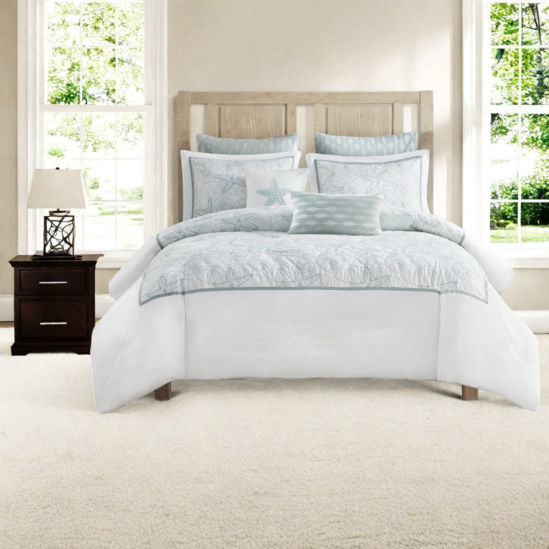 Coastal Cotton Bedding Sets With Seashell Embroidery For Home