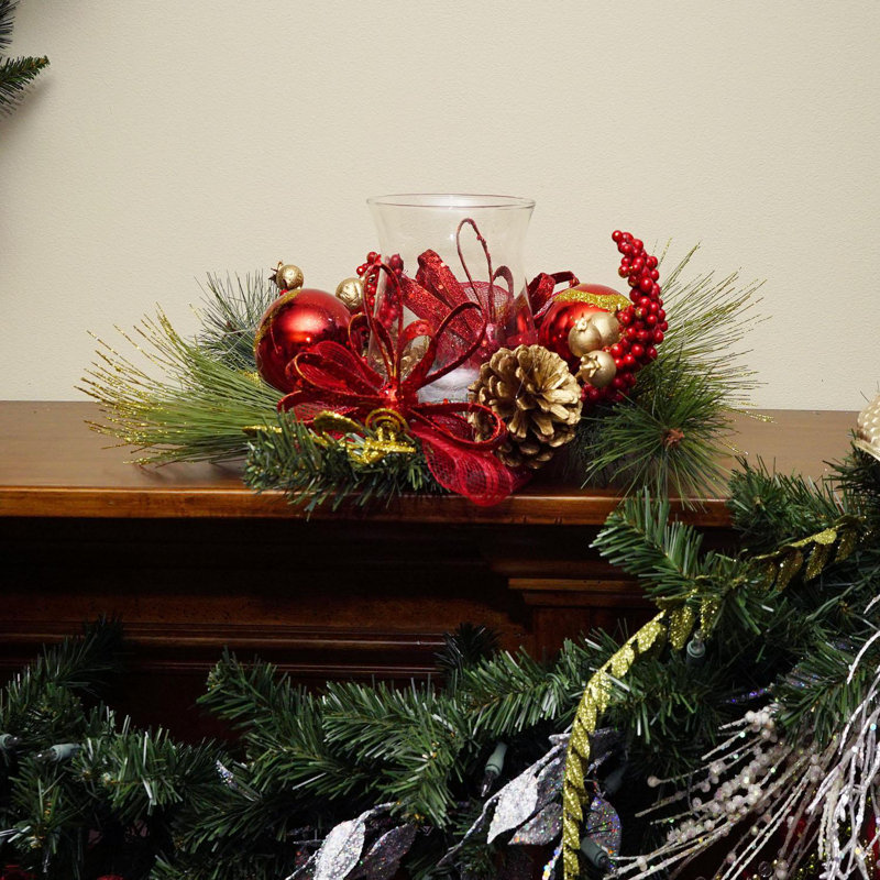 Porte-bougie de Noël 18 pouces avec branches de pin et baies scintillantes