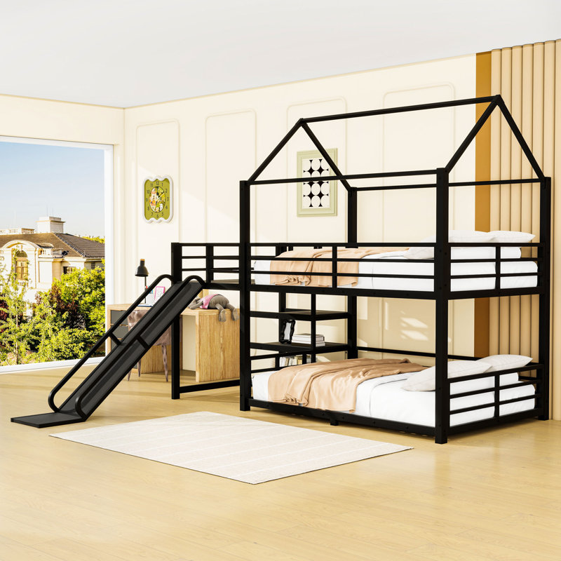 Lit superposé en métal avec glissière et garde-corps en forme de maison, Lit superposé double sur double