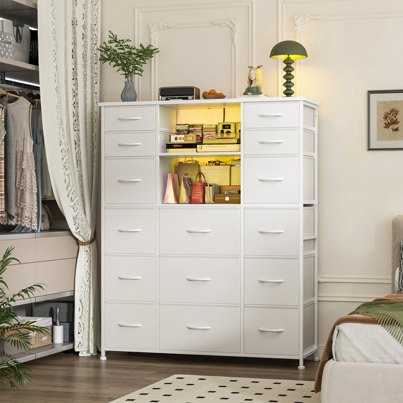 51"H - Fabric Drawers Tall Dresser With 2 Open Shelves,  Bedroom Dressers With Charging Station & Led Lights, White