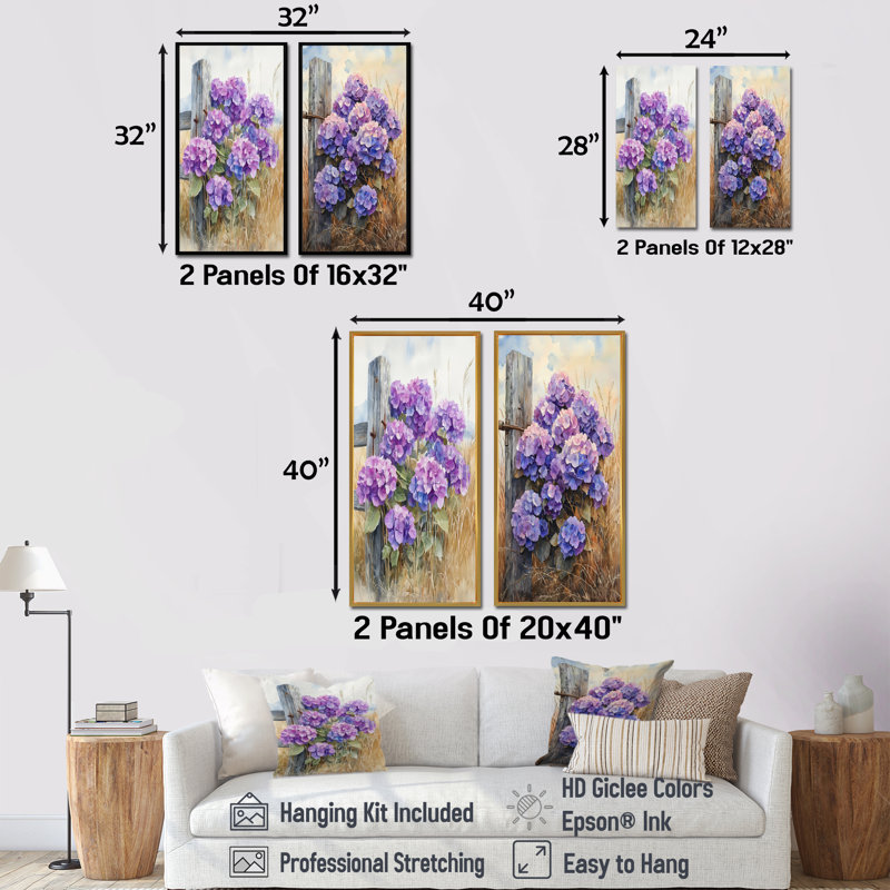 Hortensias à la clôture de la ferme I - impressions sur toile florales 2 panneaux, H 28 po x l 25 po, Cadre flottant blanc