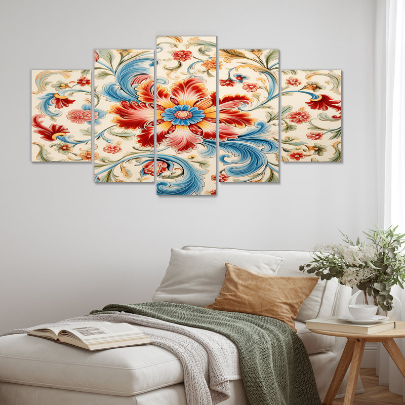 Floral Mosaic Tiles Ornamental I - Abstract Tile Wall Art Decor 5 Piece, 32" H x 60" W