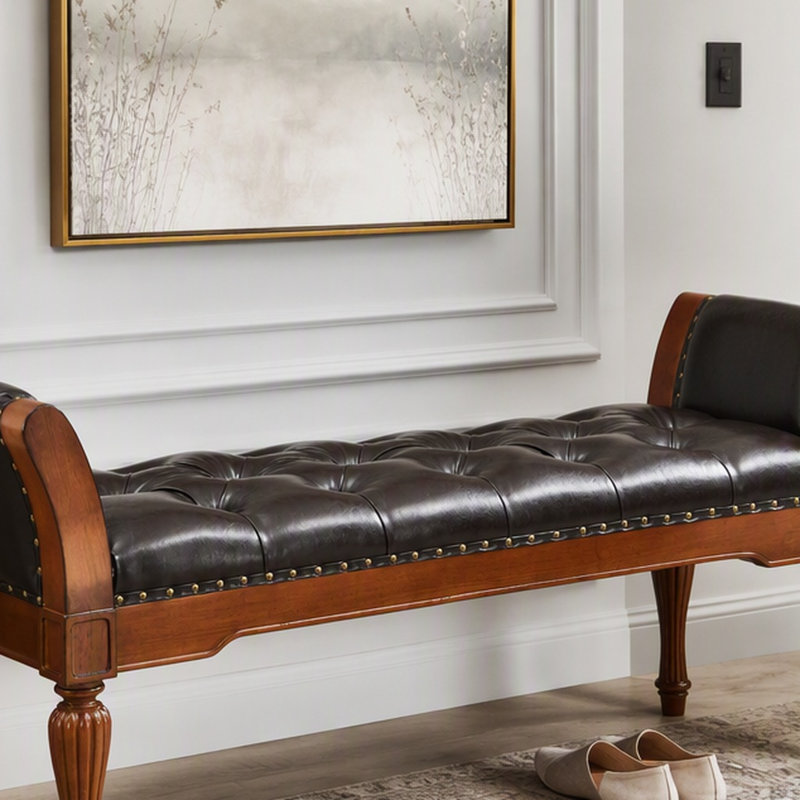 Banc de repose-pieds 54 po en similicuir capitonné à boutons, banc de bout rembourré rétro avec coussin moelleux, structure en bois massif