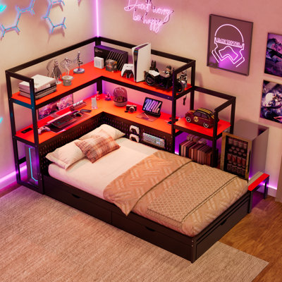 Twin Size Gaming Daybed with Integrated Desk and LED Light, Modern Wooden Bed Frame with 3 Storage Drawers and Built-in Charging Station, Multi-Functional Headboard Bookcase, Black+Red