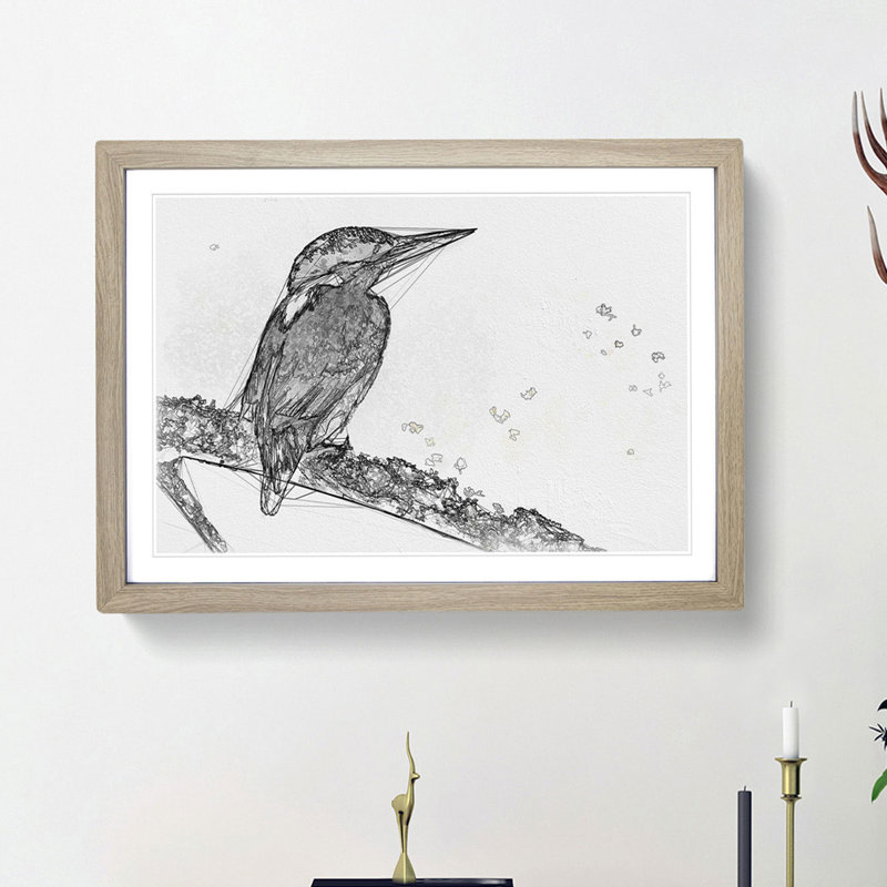 Kingfisher Bird on a Branch - Picture Frame Graphic Art Print, 45cm H x 63cm W x 2cm D, Oak Framed