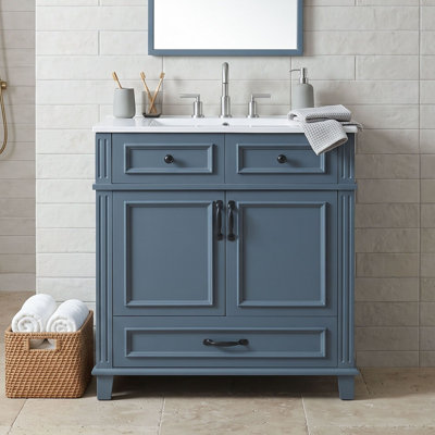 Meuble-lavabo de salle de bain avec lavabo en céramique, tiroir de rangement, portes à fermeture en douceur et armoire