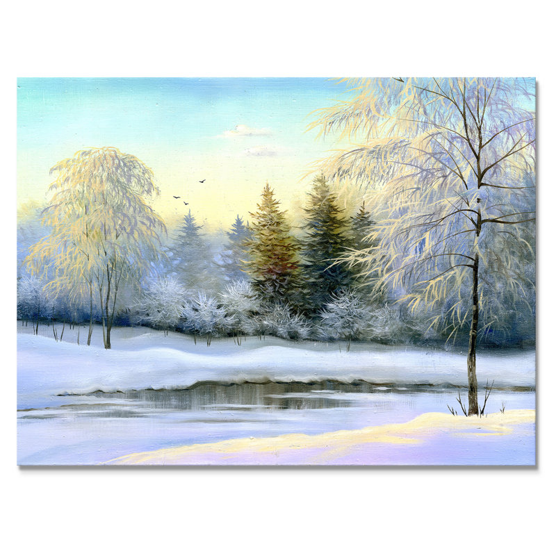 «Beautiful Winter River Landscape Pendant Sunset», peinture sur toile, Toile tendue, H 12 po x l 20 po