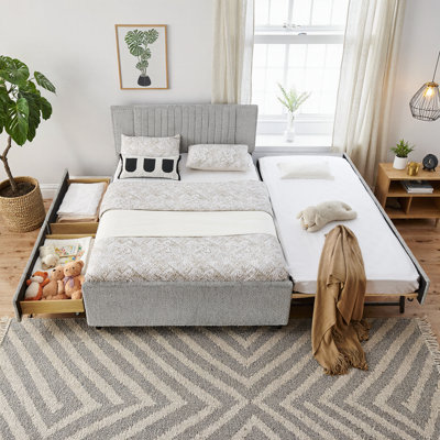 84" Queen Size Chenille Upholstered Platform Bed with Vertical Channel Tufted Headboard, Nailhead Trim, 2 Storage Drawers & Pull-Out Trundle, Space-Saving Daybed for Small Bedrooms