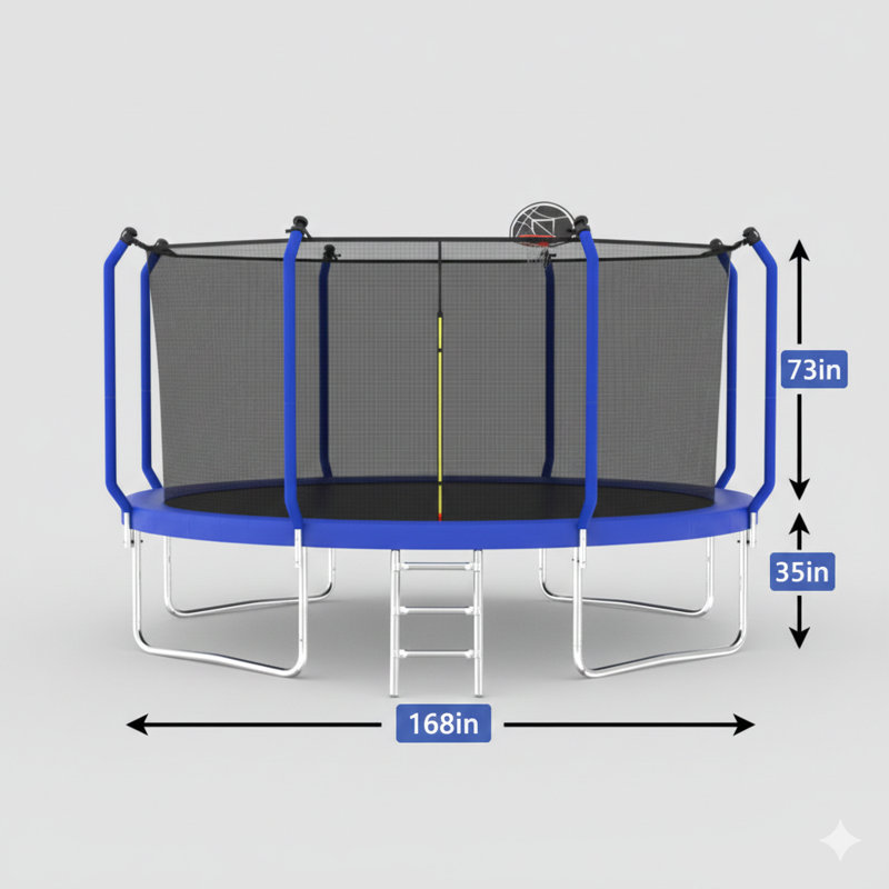 Trampoline extérieur de 14 pieds avec anneau de basketball, construction renforcée approuvée par l'ASTM, équipé d'un filet de sécurité pour enceinte complète.