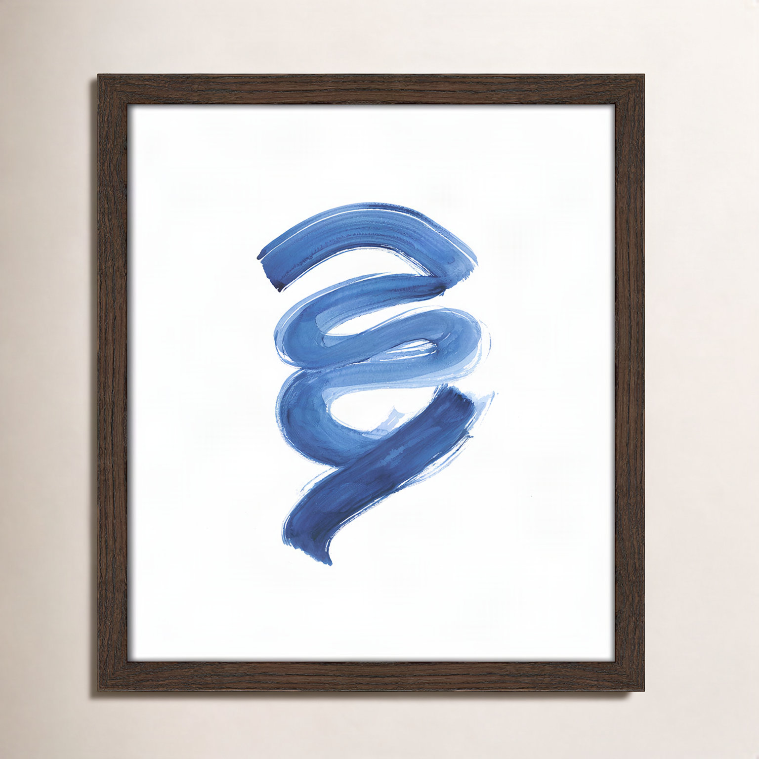 Coppola "Slinky Indigo I" Painting by Filippo Ioco, Walnut Wood Framed Paper, 15" H x 13" W x 0.75" D