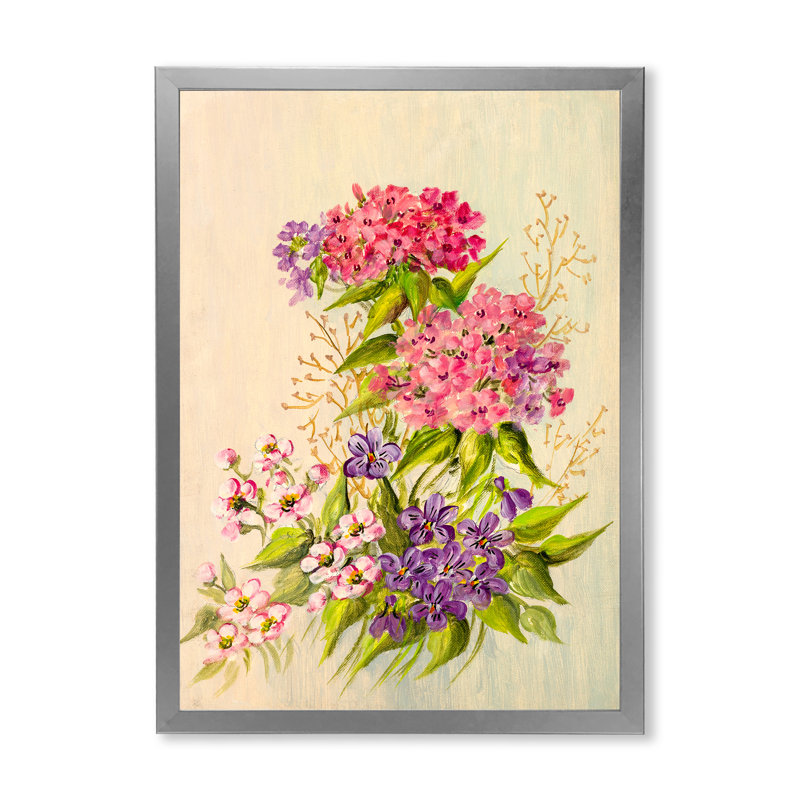 Nature morte de fleurs roses et mauves - peinture sur toile, H 40 po x l 30 po x P 1,5 po, Toile avec cadre photo argenté