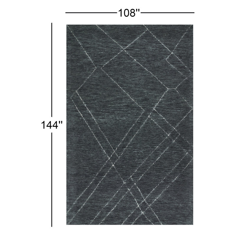 Tapis en laine touffeté à la main à motif abstrait bleu marine / blanc Wendell, Rectangle 9 pi x 12 pi