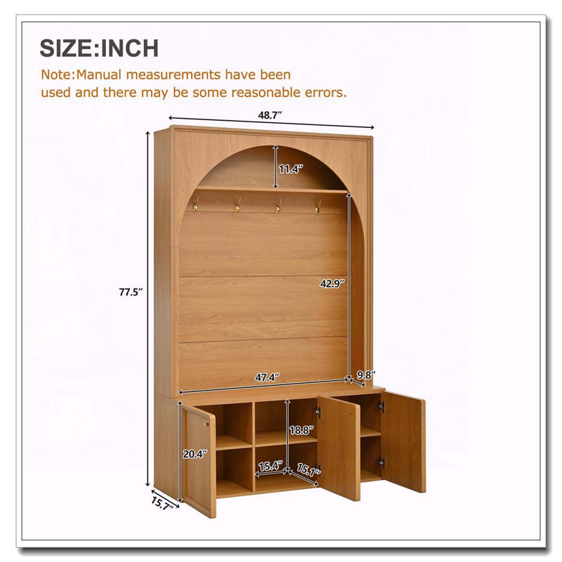 Arbre d'entrée tout-en-un avec tablettes réglables, banc de rangement pour hall d'entrée arqué rétro avec 3 armoires, Naturel