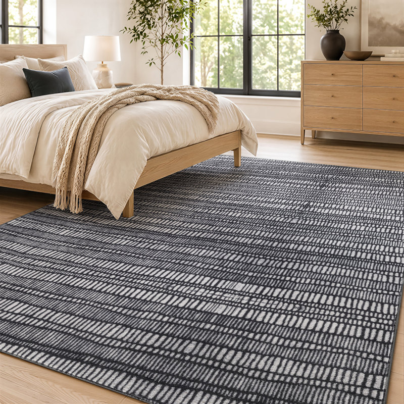 Tapis d'intérieur antidérapant à rayures anthracite, lavable à la machine, 7'10" x 10'