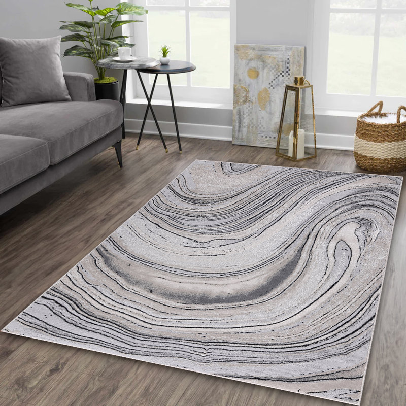 Nevada Collection Abstract Cream and Gold Rug, Black/Gray, Rectangle 1'9" x 2'9"