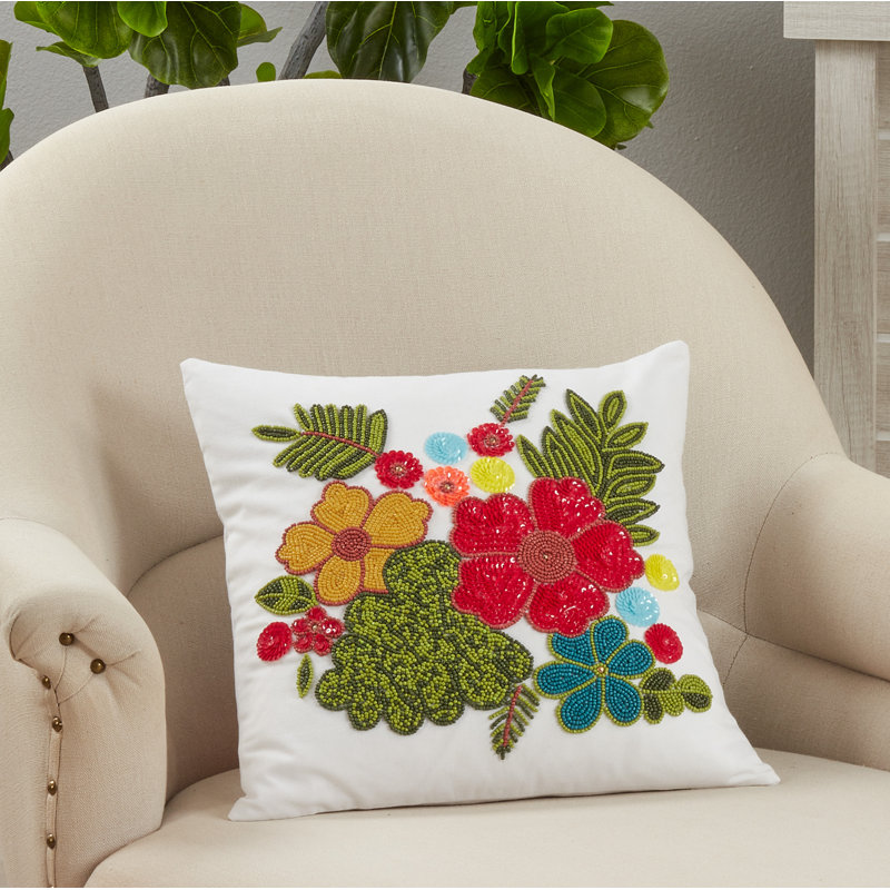 16" White Cotton Floral Embroidered Throw Pillow