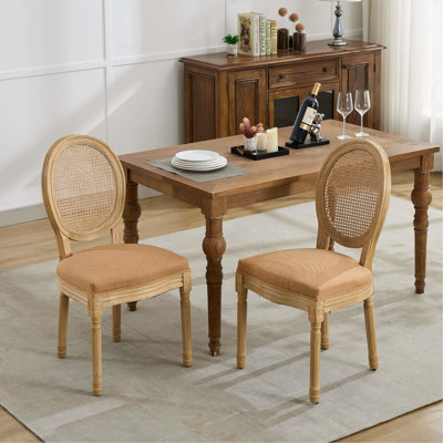 Chaises de salle à manger de style français brun clair, de 2, structure en bois d'hévéa massif avec aspect peint antique, revêtement en tissu de lin, dossier et rembourrage en mousse souple, 37,01 po de hauteur, 19,45 de largeur, 24,07 de profondeur, 2 chaises