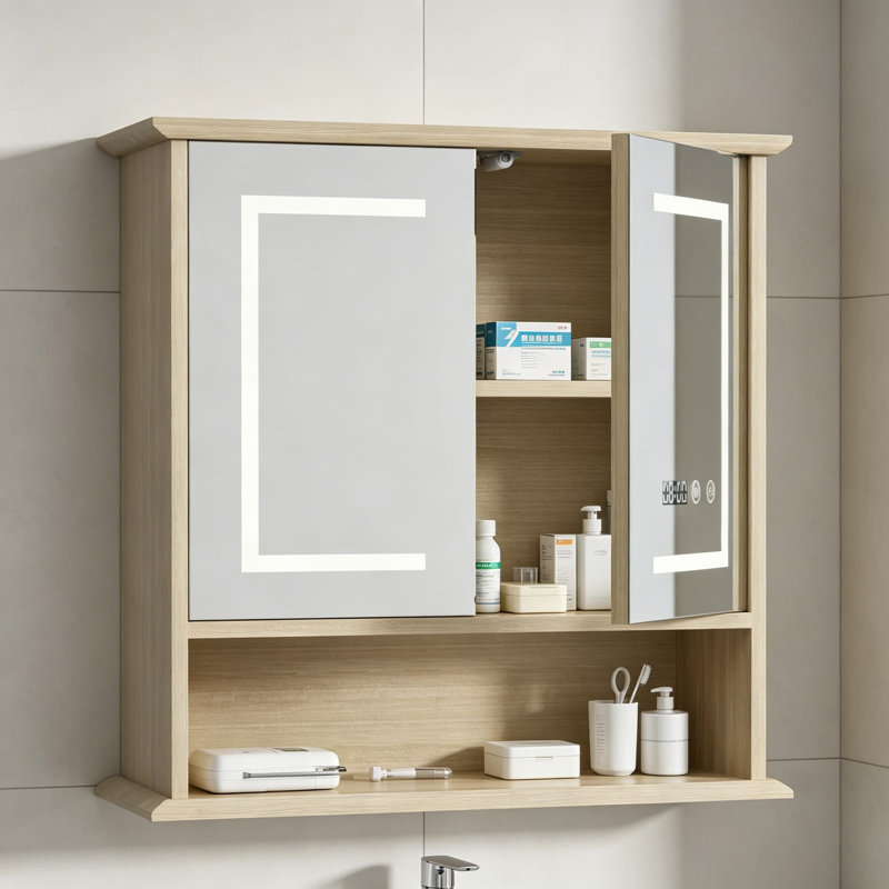 Armoire à pharmacie de salle de bain avec miroir, armoire de rangement éclairée murale avec portes et tablette en bois réglable, miroir à DEL moderne avec désembueur pour le maquillage, la lessive, le salon, la finition chêne