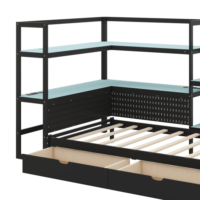 Lit de jour moderne pour lit simple avec bureau et éclairage intégrés, base de lit en bois avec trois tiroirs et station de charge