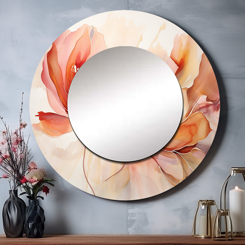 «Raeah Peach Petal Dance» - miroir mural botanique, miroir décoratif rond pêche, impression d'art en métal, 29 po x 29 po
