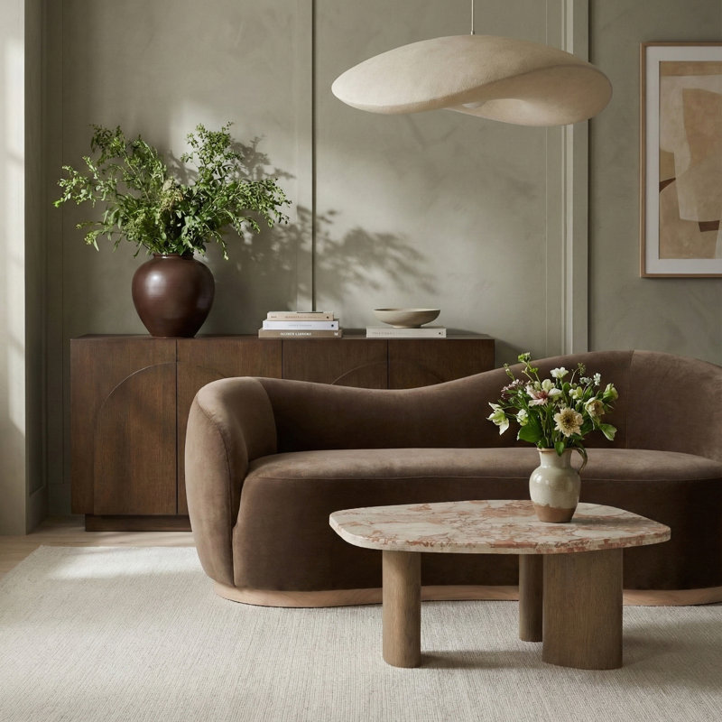 Table basse avec plateau en marbre et base en bois Jamescia, Plateau crème / base brune
