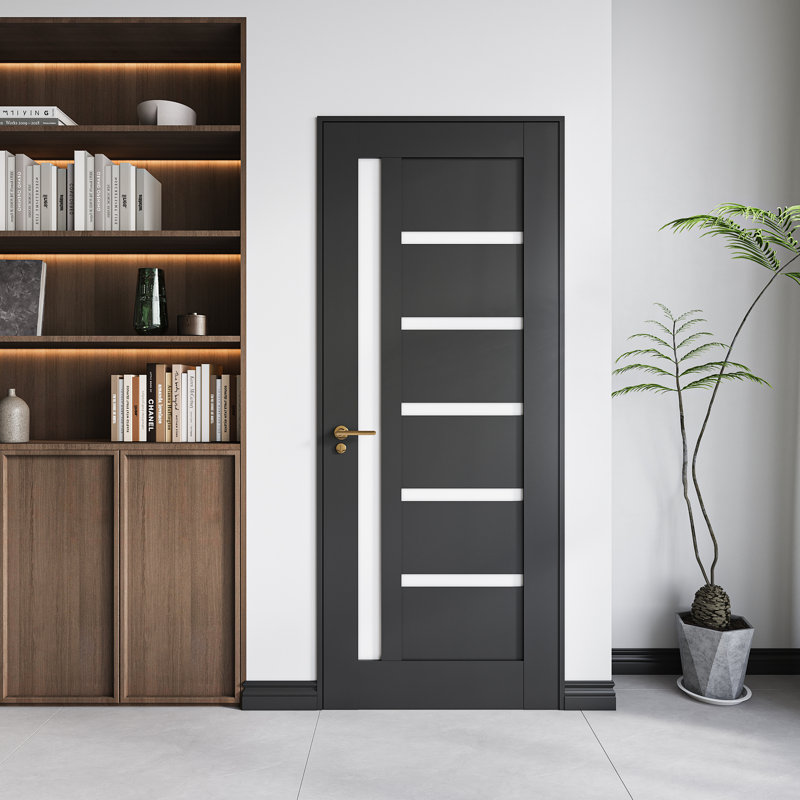 Porte intérieure prémontée à 5 panneaux en MDF à âme pleine, revêtement PVC noir 24 po x 80 po, avec cadre à montage rapide