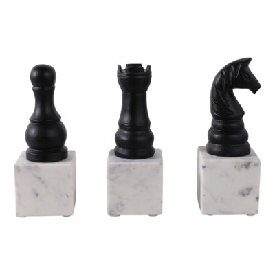 Decorative Chess Pieces Marble Figurine Sculpture - Decorative Object Statue For Home Decor And Living Room Decorations - Set Of 3, 9", Black & White